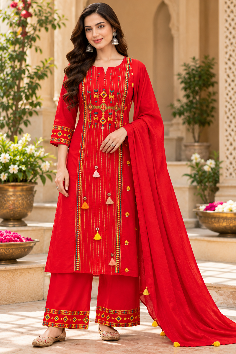 Women’s Red Embroidered Kurta Set with Palazzo Pants & Matching Dupatta – Traditional Festive Ethnic Wear