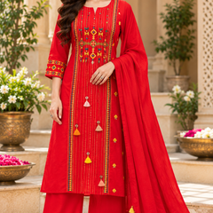 Women’s Red Embroidered Kurta Set with Palazzo Pants & Matching Dupatta – Traditional Festive Ethnic Wear