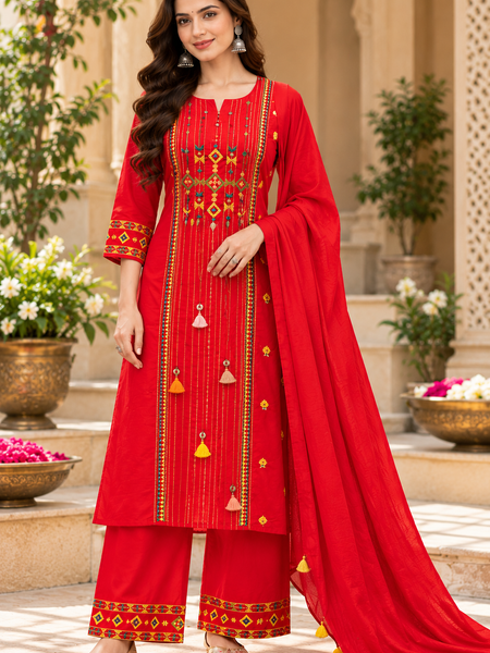 Women’s Red Embroidered Kurta Set with Palazzo Pants & Matching Dupatta – Traditional Festive Ethnic Wear