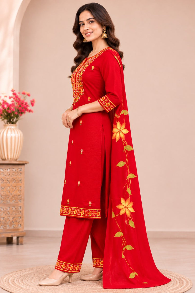 Women red   Embroidered Kurta Set with Palazzo  & Matching Dupatta – Traditional Festive Ethnic Wear
