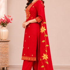 Women red   Embroidered Kurta Set with Palazzo  & Matching Dupatta – Traditional Festive Ethnic Wear