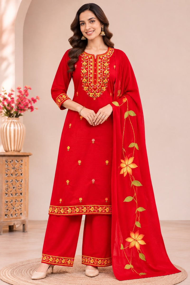 Women red   Embroidered Kurta Set with Palazzo  & Matching Dupatta – Traditional Festive Ethnic Wear