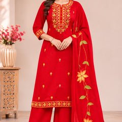 Women red   Embroidered Kurta Set with Palazzo  & Matching Dupatta – Traditional Festive Ethnic Wear