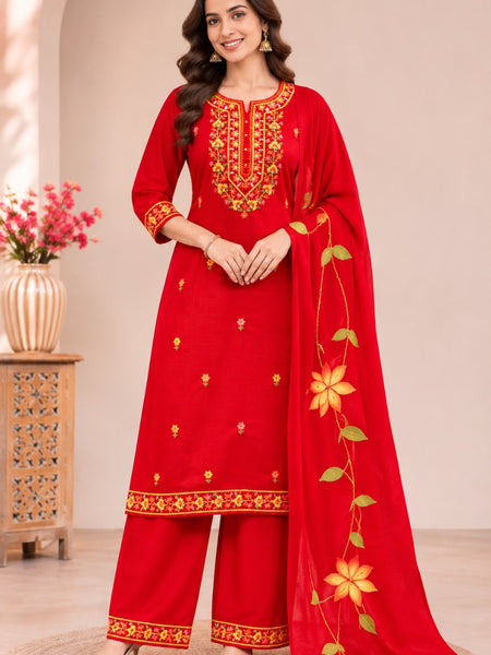Women red   Embroidered Kurta Set with Palazzo  & Matching Dupatta – Traditional Festive Ethnic Wear
