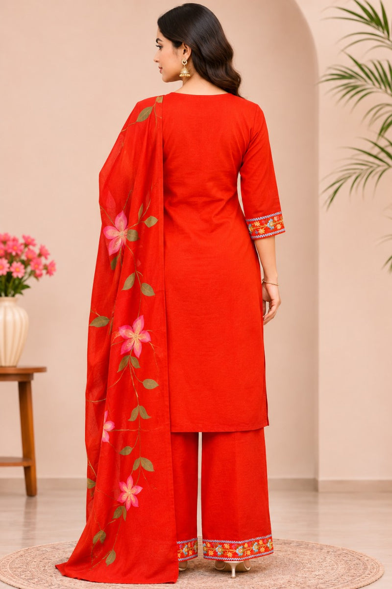 Women red   Embroidered Kurta Set with Palazzo  & Matching Dupatta – Traditional Festive Ethnic Wear
