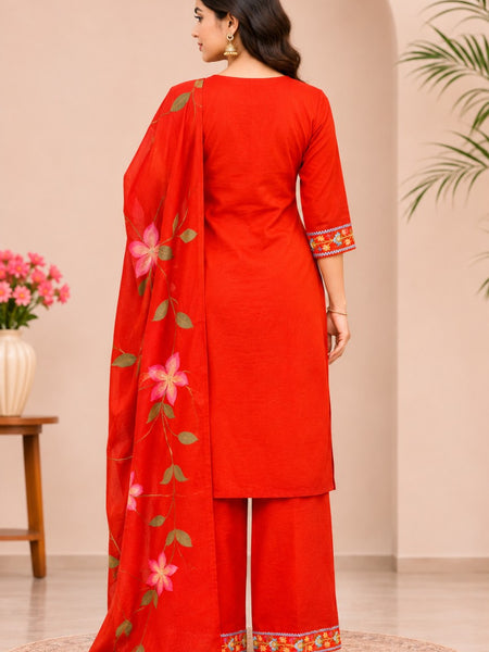 Women orange   Embroidered Kurta Set with Palazzo  & Matching Dupatta – Traditional Festive Ethnic Wear