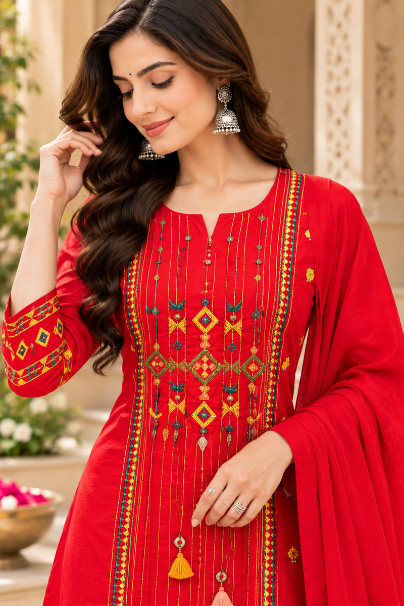 Women’s Red Embroidered Kurta Set with Palazzo Pants & Matching Dupatta – Traditional Festive Ethnic Wear