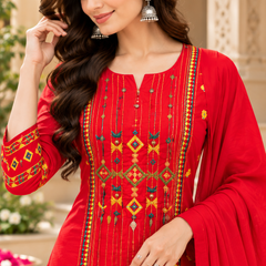 Women’s Red Embroidered Kurta Set with Palazzo Pants & Matching Dupatta – Traditional Festive Ethnic Wear