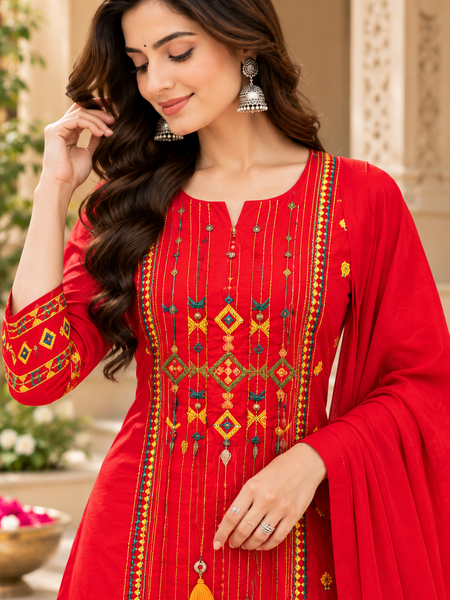 Women’s Red Embroidered Kurta Set with Palazzo Pants & Matching Dupatta – Traditional Festive Ethnic Wear