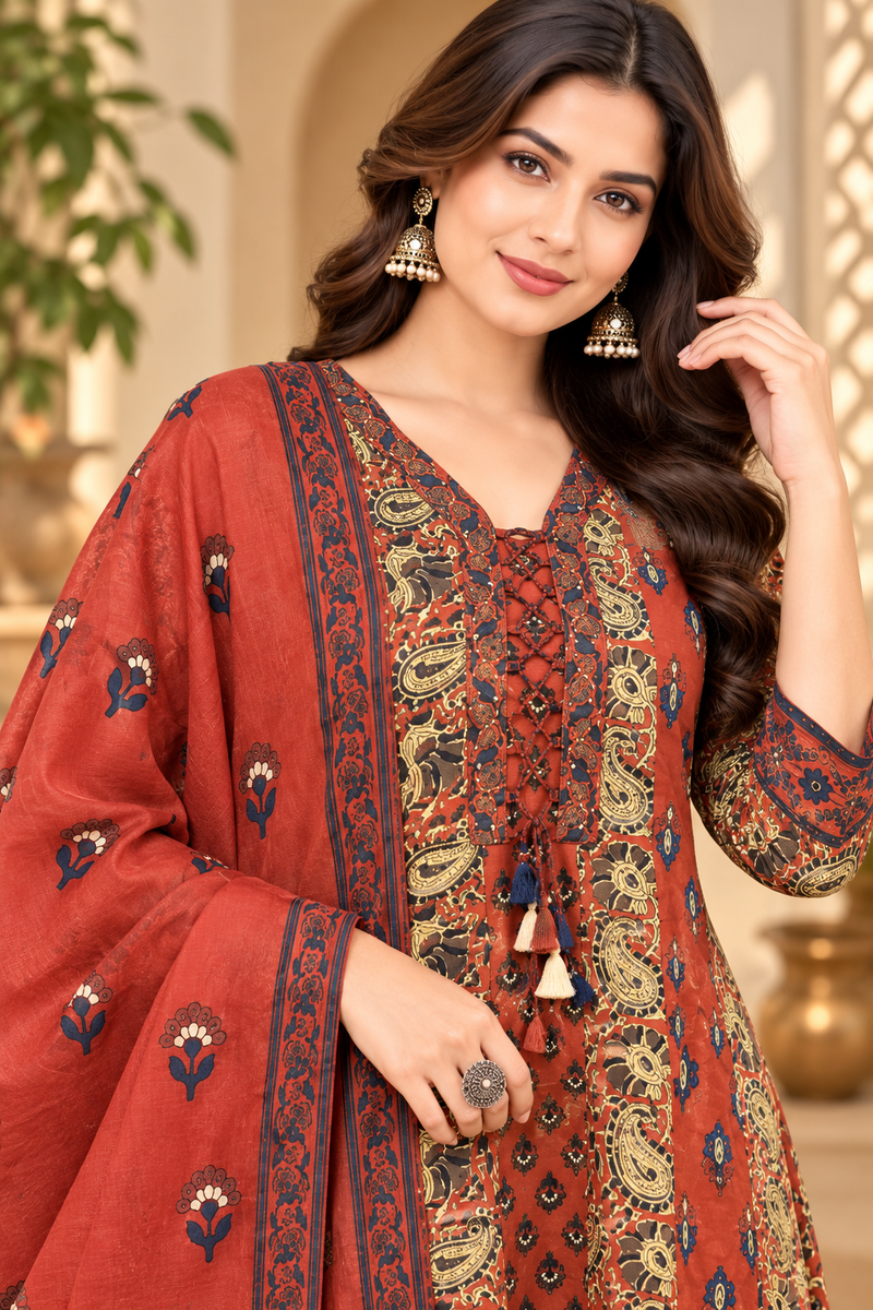 Women’s  Maroon   Embroidered Kurta Set with Palazzo Pants & Matching Dupatta – Traditional Festive Ethnic Wear