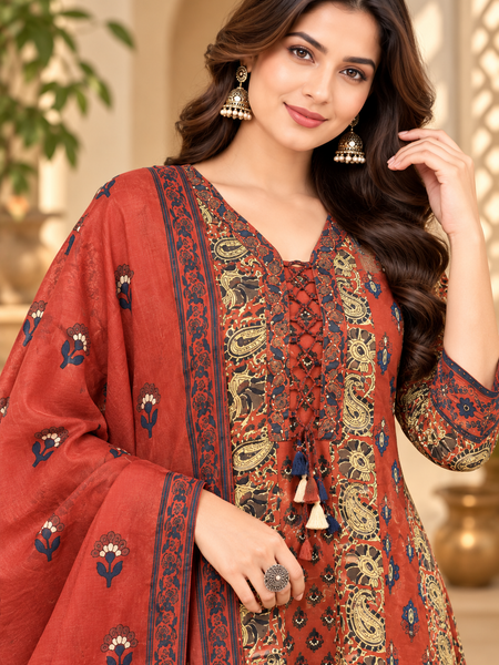 Women’s  Maroon   Embroidered Kurta Set with Palazzo Pants & Matching Dupatta – Traditional Festive Ethnic Wear