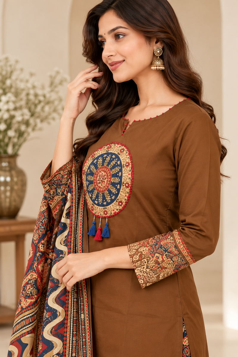 Women brown   Embroidered Kurta Set with Palazzo Pants & Matching Dupatta – Traditional Festive Ethnic Wear