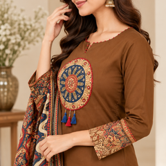 Women brown   Embroidered Kurta Set with Palazzo Pants & Matching Dupatta – Traditional Festive Ethnic Wear