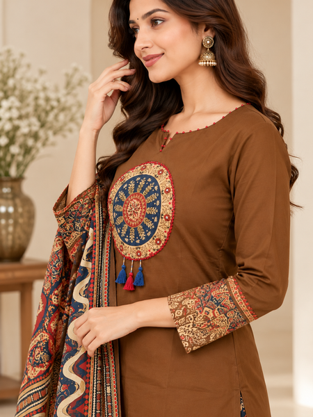 Women brown   Embroidered Kurta Set with Palazzo Pants & Matching Dupatta – Traditional Festive Ethnic Wear