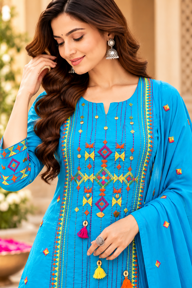 Women’s Turquoise blue  Embroidered Kurta Set with Palazzo Pants & Matching Dupatta – Traditional Festive Ethnic Wear