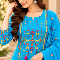 Women’s Turquoise blue  Embroidered Kurta Set with Palazzo Pants & Matching Dupatta – Traditional Festive Ethnic Wear