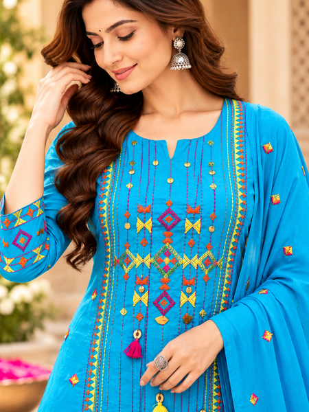 Women’s Turquoise blue  Embroidered Kurta Set with Palazzo  & Matching Dupatta – Traditional Festive Ethnic Wear