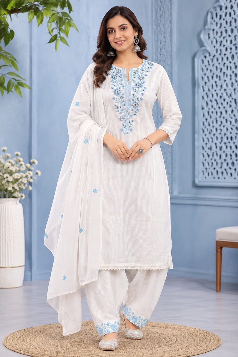 Women White   Embroidered Kurta Set with Palazzo  & Matching Dupatta – Traditional Festive Ethnic Wear