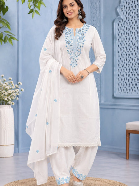 Women White   Embroidered Kurta Set with Palazzo  & Matching Dupatta – Traditional Festive Ethnic Wear