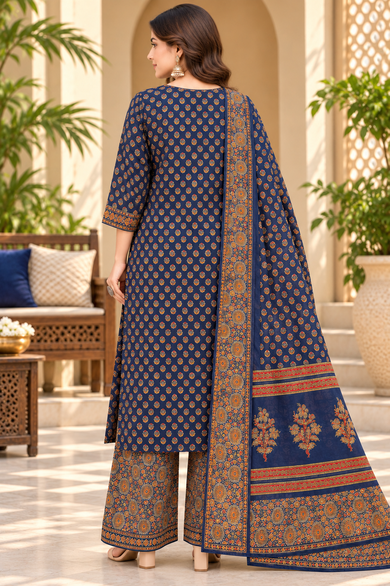 Women’s Blue  Embroidered Kurta Set with Palazzo Pants & Matching Dupatta – Traditional Festive Ethnic Wear