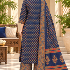 Women’s Blue  Embroidered Kurta Set with Palazzo Pants & Matching Dupatta – Traditional Festive Ethnic Wear