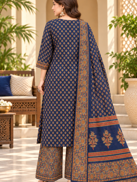 Women’s Blue  Embroidered Kurta Set with Palazzo Pants & Matching Dupatta – Traditional Festive Ethnic Wear