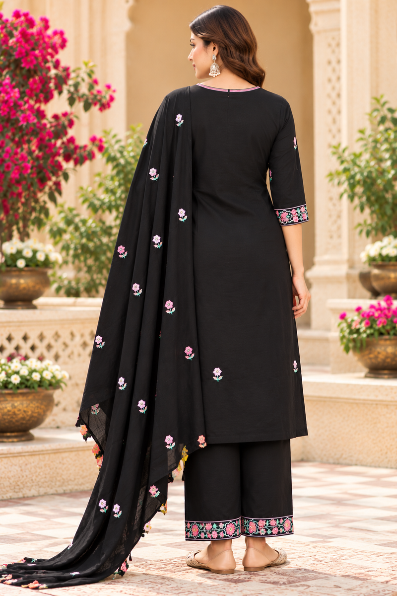 Women’s Black   Embroidered Kurta Set with Pants & Matching Dupatta – Traditional Festive Ethnic Wear