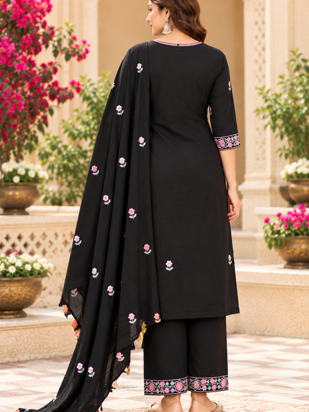 Women’s Black   Embroidered Kurta Set with Pants & Matching Dupatta – Traditional Festive Ethnic Wear