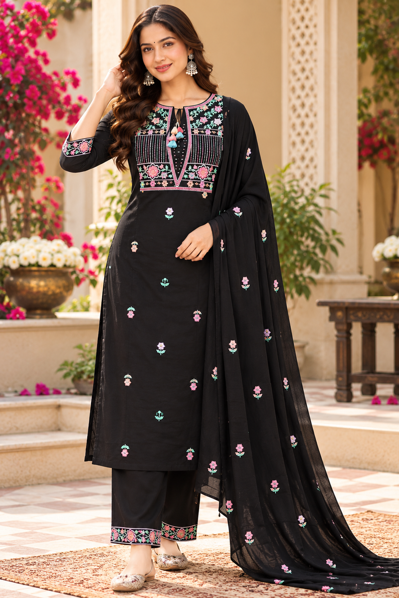 Women’s Black   Embroidered Kurta Set with Pants & Matching Dupatta – Traditional Festive Ethnic Wear