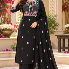 Women’s Black   Embroidered Kurta Set with Pants & Matching Dupatta – Traditional Festive Ethnic Wear