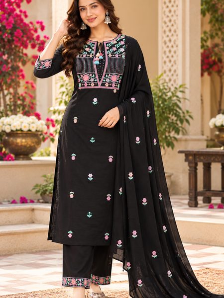 Women’s Black   Embroidered Kurta Set with Pants & Matching Dupatta – Traditional Festive Ethnic Wear