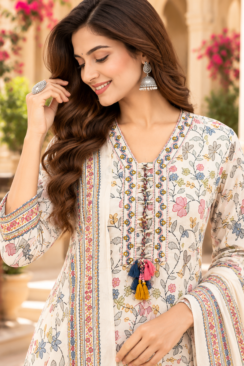 Women’s  White    Embroidered Kurta Set with Palazzo Pants & Matching Dupatta – Traditional Festive Ethnic Wear