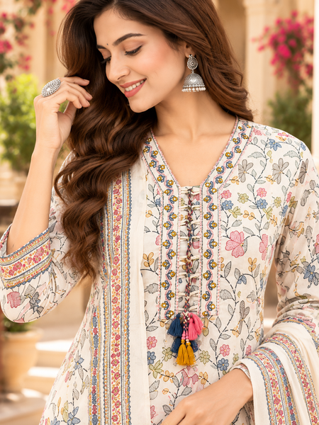 Women’s  White    Embroidered Kurta Set with Palazzo Pants & Matching Dupatta – Traditional Festive Ethnic Wear
