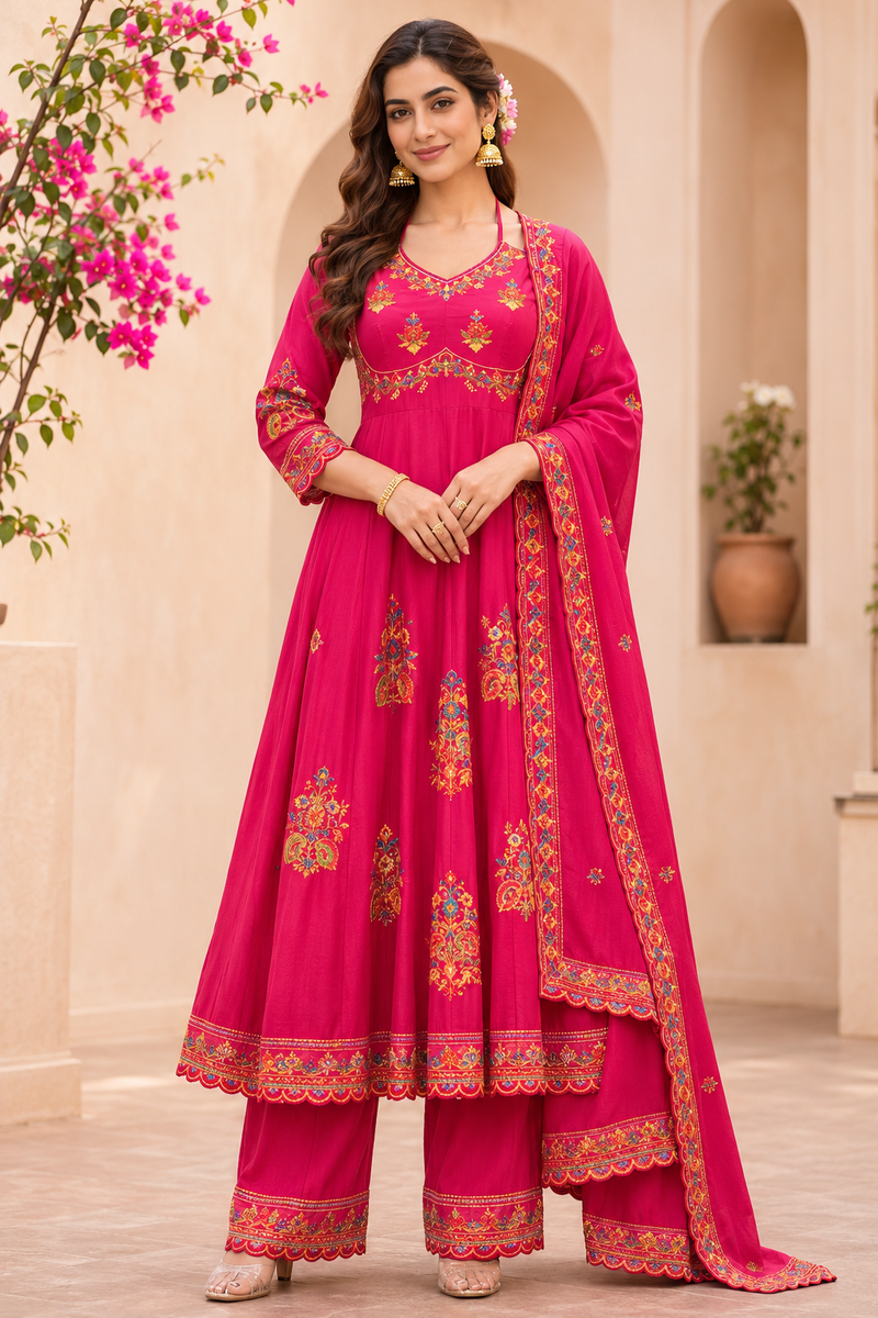 Women pink    Embroidered Kurta Set with Palazzo Pants & Matching Dupatta – Traditional Festive Ethnic Wear