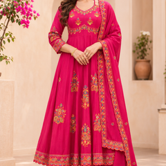 Women pink    Embroidered Kurta Set with Palazzo Pants & Matching Dupatta – Traditional Festive Ethnic Wear