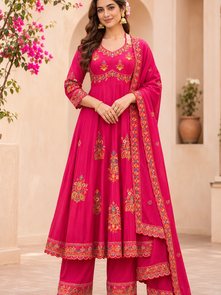 Women pink    Embroidered Kurta Set with Palazzo Pants & Matching Dupatta – Traditional Festive Ethnic Wear