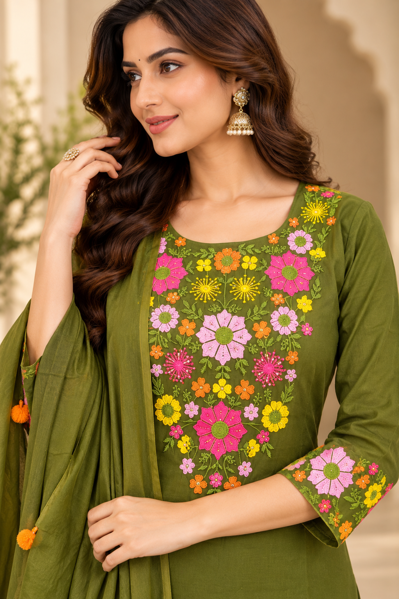 Women’s Turquoise blue    Embroidered Kurta Set with Palazzo Pants & Matching Dupatta – Traditional Festive Ethnic Wear