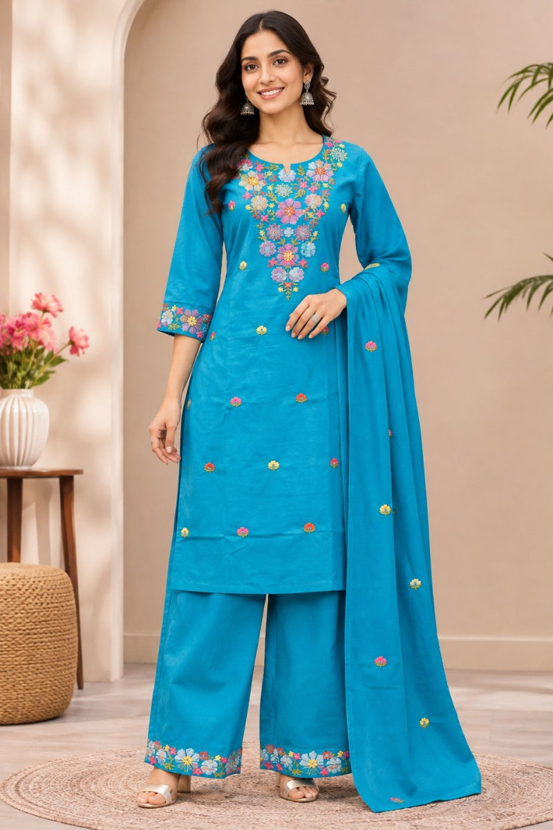 Women  turqouise blue  Embroidered Kurta Set with Palazzo  & Matching Dupatta – Traditional Festive Ethnic Wear