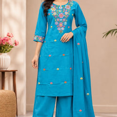 Women  turqouise blue  Embroidered Kurta Set with Palazzo  & Matching Dupatta – Traditional Festive Ethnic Wear