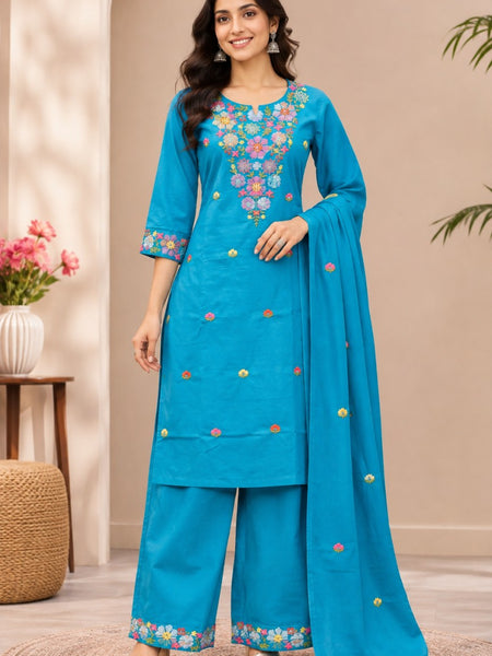 Women  turqouise blue  Embroidered Kurta Set with Palazzo  & Matching Dupatta – Traditional Festive Ethnic Wear
