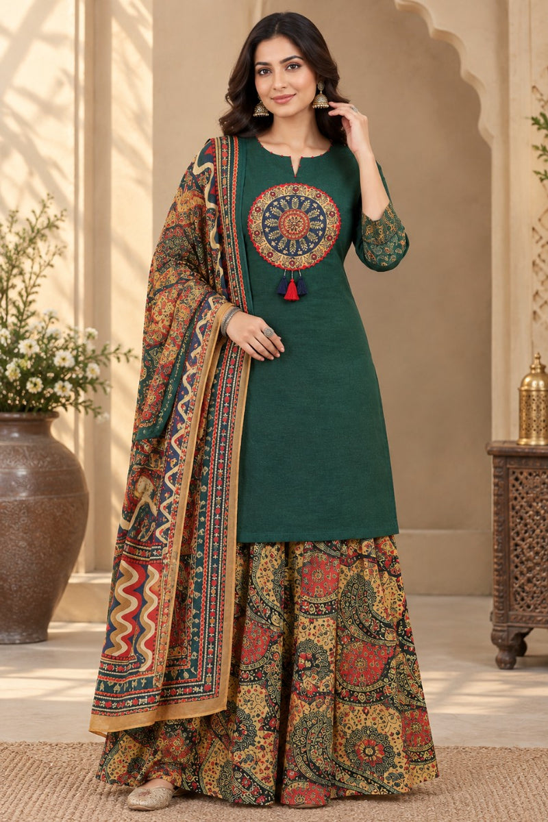 Women green   Embroidered Kurta Set with Palazzo Pants & Matching Dupatta – Traditional Festive Ethnic Wear