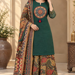 Women green   Embroidered Kurta Set with Palazzo Pants & Matching Dupatta – Traditional Festive Ethnic Wear