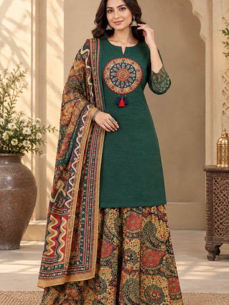 Women green   Embroidered Kurta Set with Palazzo Pants & Matching Dupatta – Traditional Festive Ethnic Wear