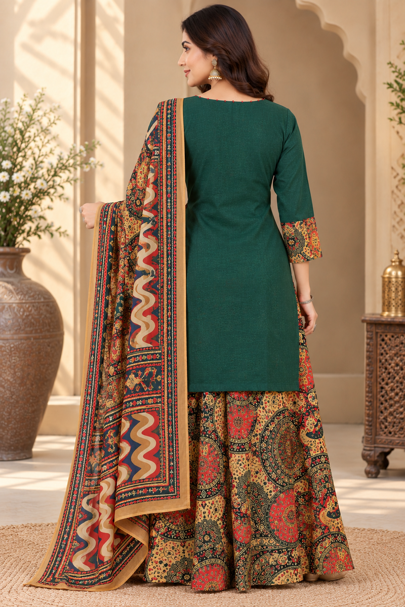 Women green   Embroidered Kurta Set with Palazzo Pants & Matching Dupatta – Traditional Festive Ethnic Wear