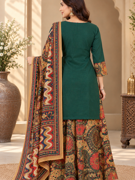 Women green   Embroidered Kurta Set with Palazzo Pants & Matching Dupatta – Traditional Festive Ethnic Wear