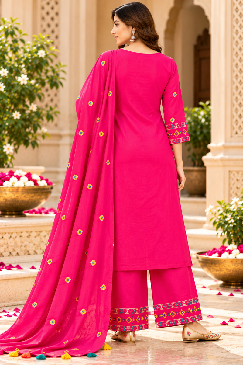 Women’s Hot Pink Embroidered Kurta Set with Palazzo Pants & Matching Dupatta – Traditional Festive Ethnic Wear