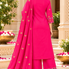 Women’s Hot Pink Embroidered Kurta Set with Palazzo Pants & Matching Dupatta – Traditional Festive Ethnic Wear