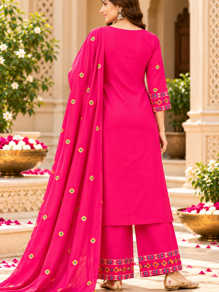 Women’s Hot Pink Embroidered Kurta Set with Palazzo  & Matching Dupatta – Traditional Festive Ethnic Wear