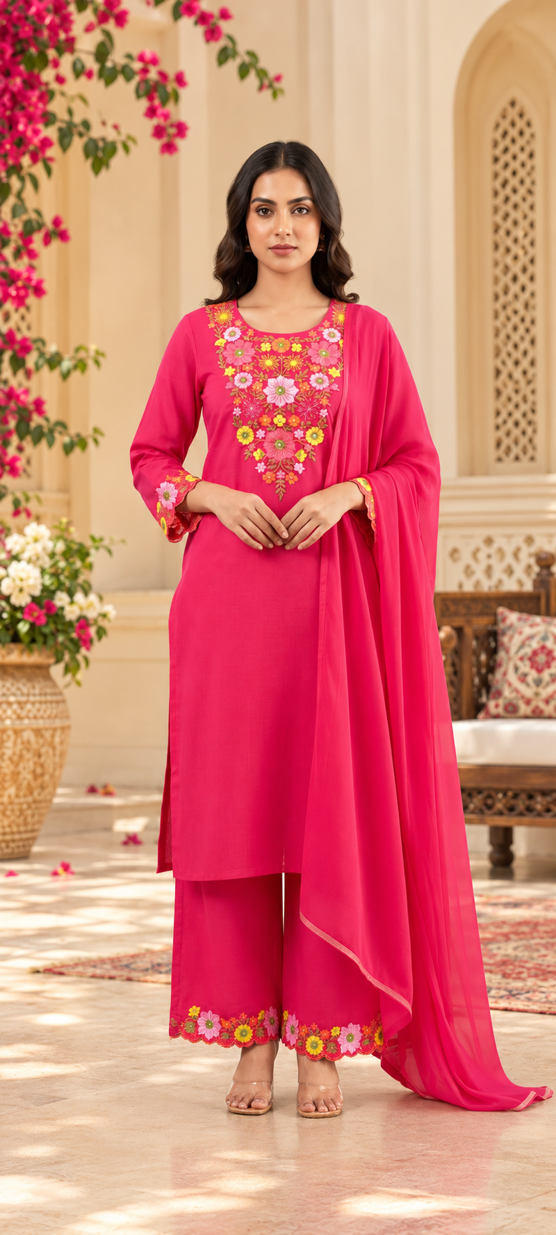 Women’s Pink   Embroidered Kurta Set with Palazzo Pants & Matching Dupatta – Traditional Festive Ethnic Wear