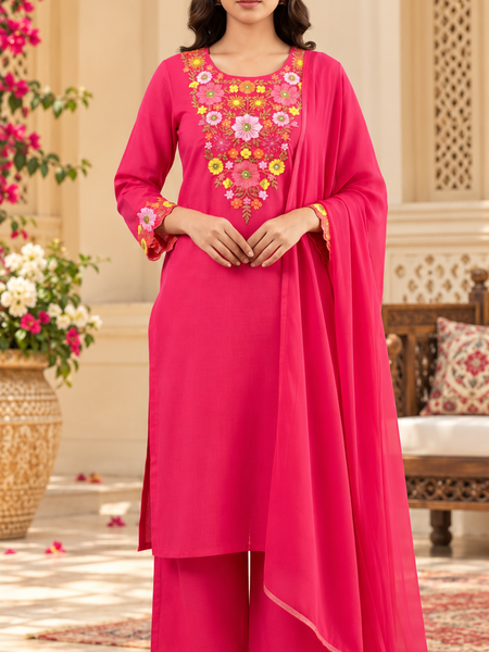 Women’s Pink   Embroidered Kurta Set with Palazzo Pants & Matching Dupatta – Traditional Festive Ethnic Wear